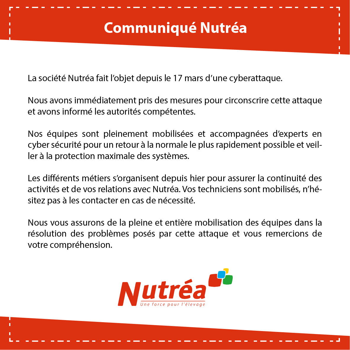 Communiqué cyberattaque Nutréa